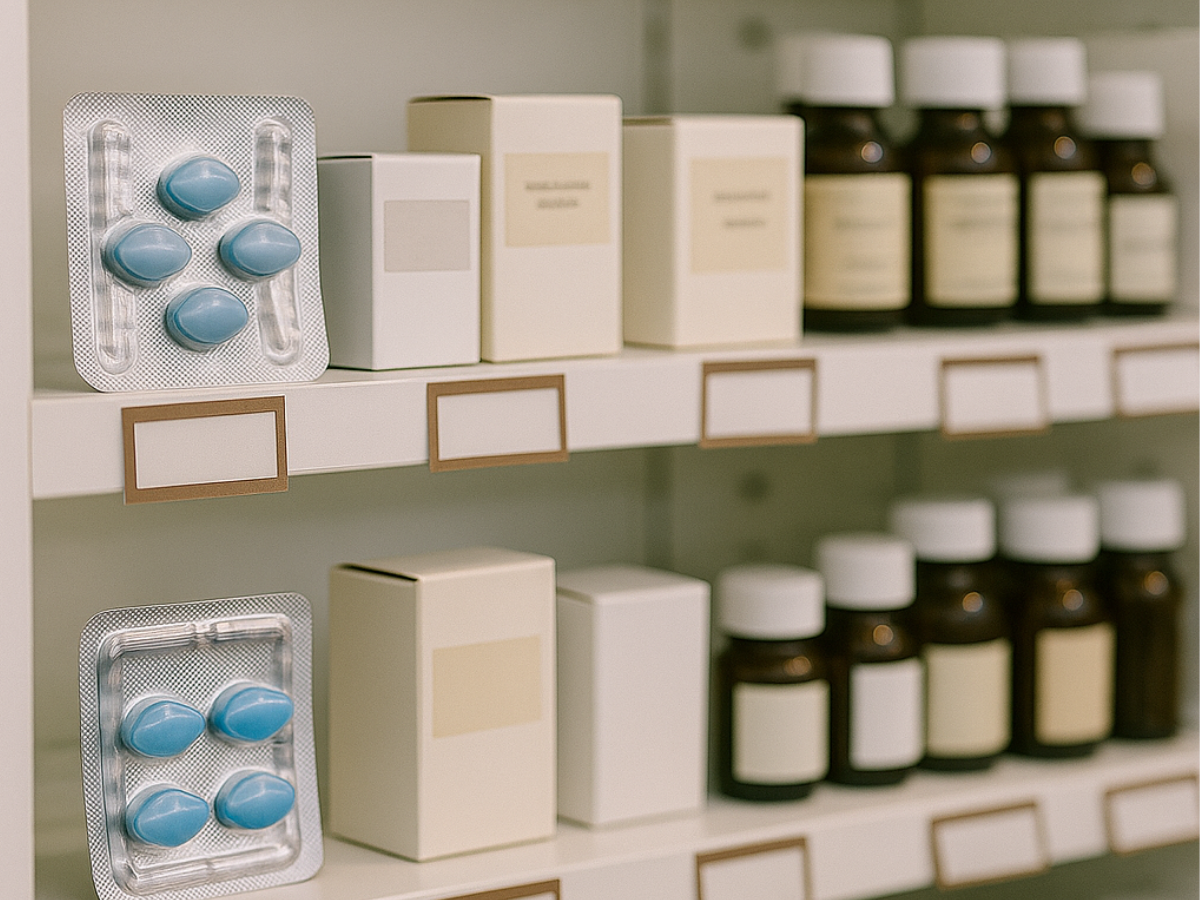 Erectile dysfunction medicine shelf in a Philippine pharmacy showing Viagra and alternatives available locally.