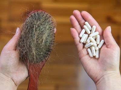 A person holding a hairbrush full of shed hair in one hand and a handful of white supplement capsules in the other, symbolizing hair loss and the use of oral treatments for hair regrowth.