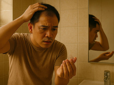 Stressed Filipino man checking hair fall in the bathroom mirror with visible signs of hair thinning - &you