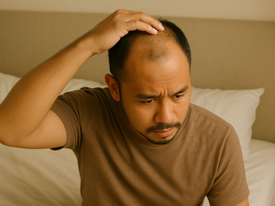 A Filipino man in his 30s with thinning hair sits on the edge of a bed, examining the top of his head with a concerned expression.