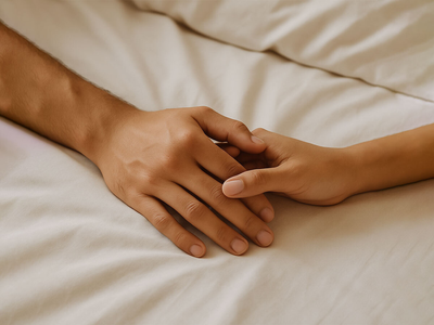 Close-up of couple holding hands in bed showing intimacy and connection in the Philippines