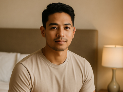Confident Filipino man sitting on bed, relaxed and thoughtful