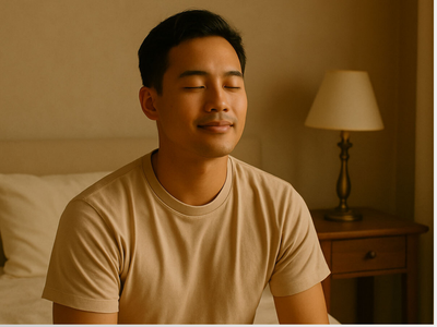 Filipino person looking peaceful in bed, suggesting self-care