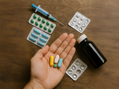 Hand holding assorted pills with nearby blister packs, syringe, and medicine bottle on a wooden table — representing different treatment options in a Filipino healthcare setting.