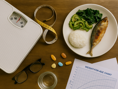 Visual guide showing Filipino food, a weighing scale, and a healthy weight chart for men by age group - andyou.ph