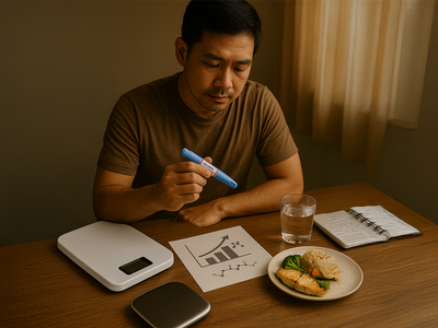 Man holding semaglutide pen with hormone chart in background - Andyou.ph