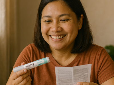 Filipino woman smiling while reading medication instructions and holding a Wegovy injection pen, illustrating a positive first-time user experience in a home setting.