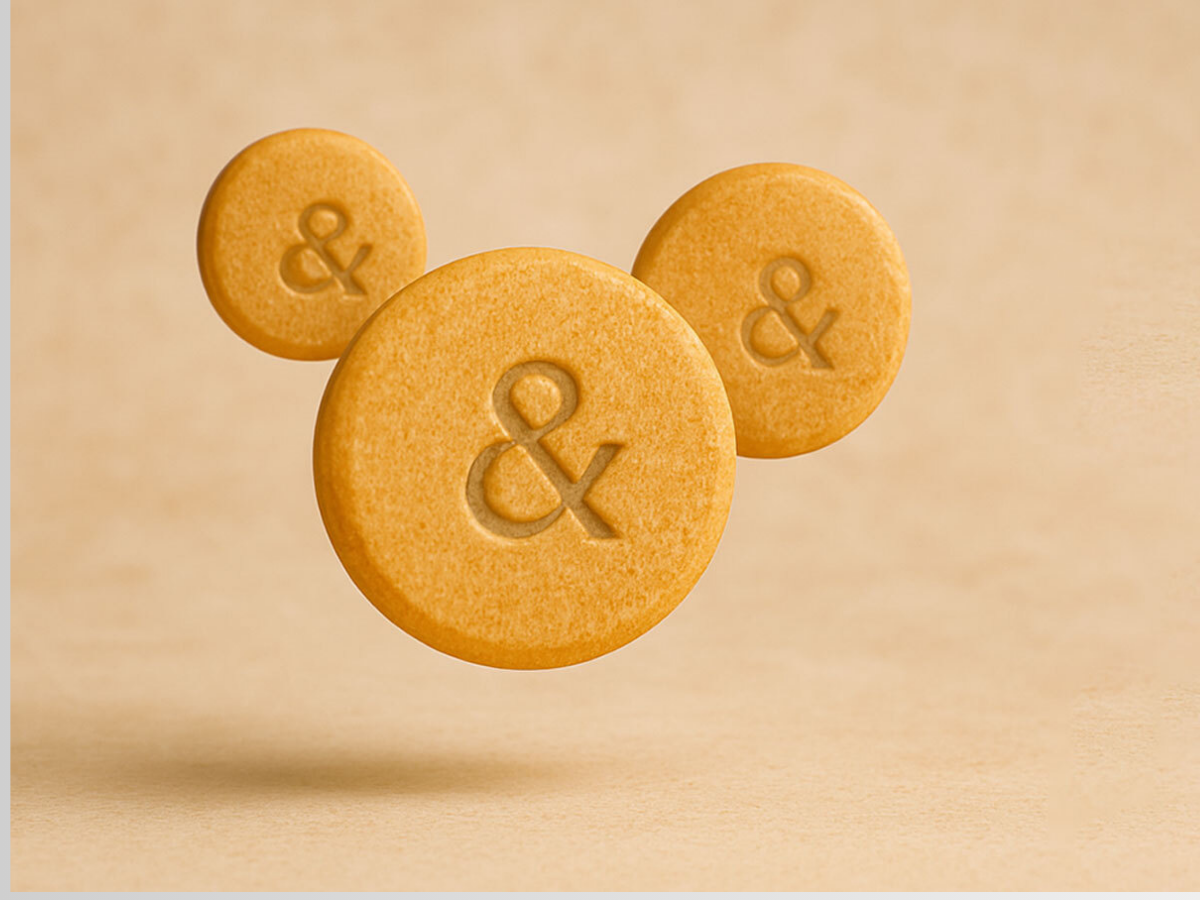 Three floating golden-brown tablets embossed with an ampersand symbol, arranged against a soft beige background.