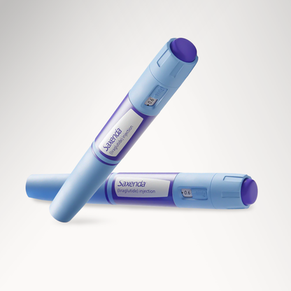 Two Saxenda pens with 0.6 mg dosage for weight loss, featuring purple and blue design.