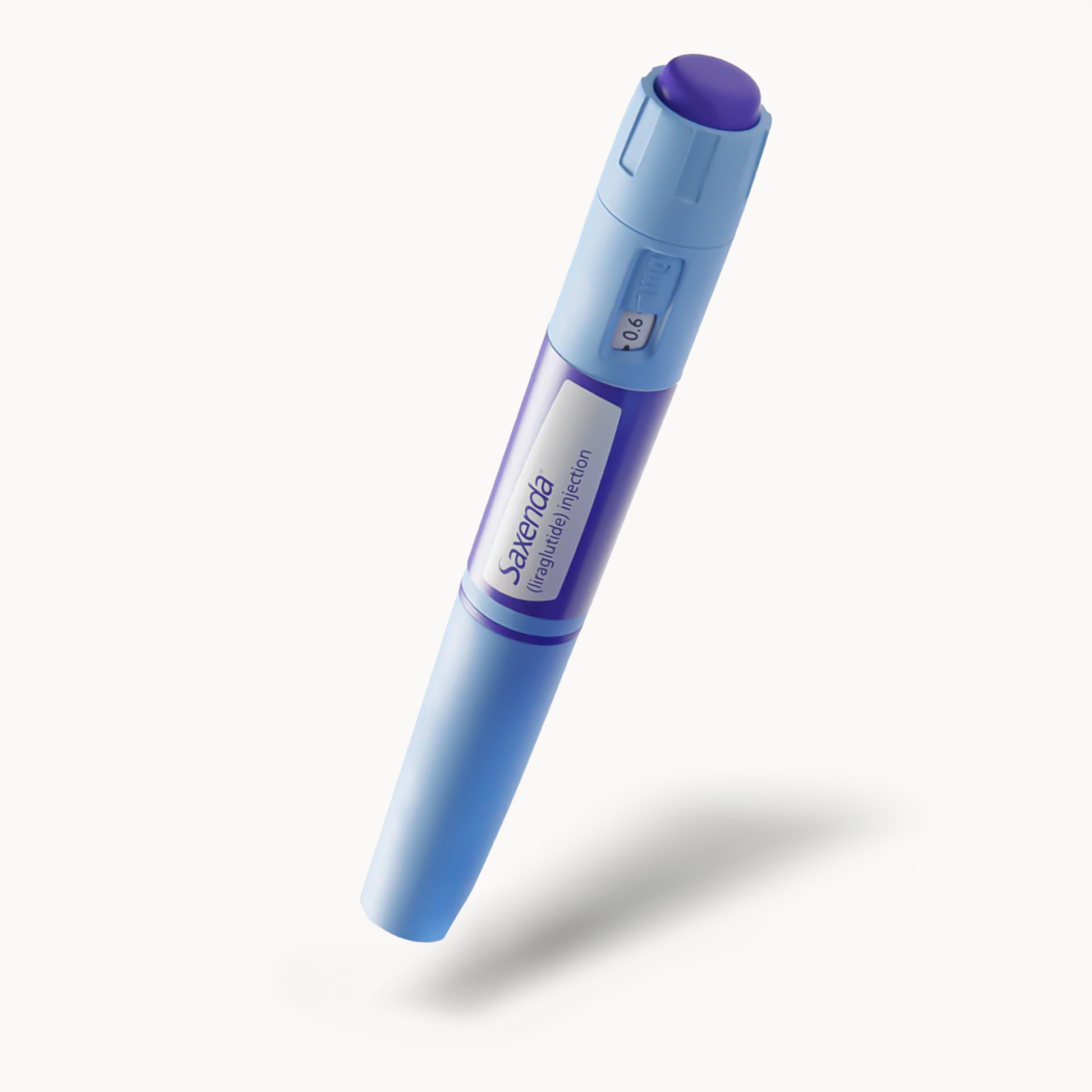 Angled view of a single Saxenda liraglutide injection pen set to 0.6 mg.