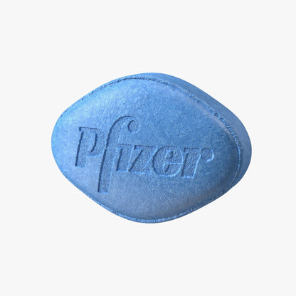 Close-up of a Pfizer Viagra blue pill showing the engraved logo.








