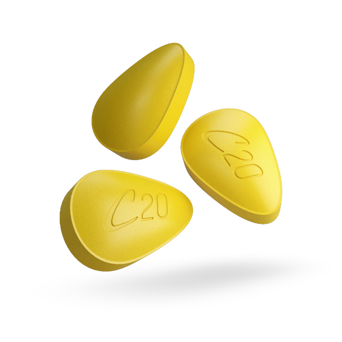 Three Cialis® (Tadalafil) 20mg pills for erectile dysfunction (ED) treatment.