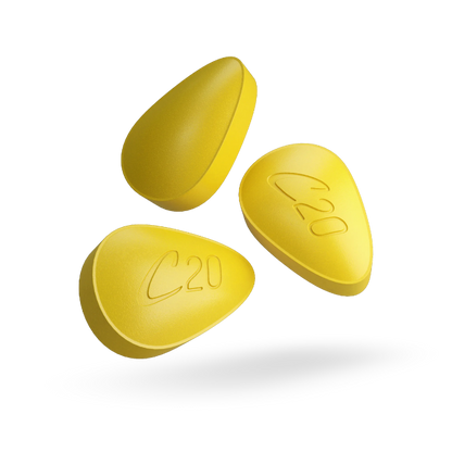 Three Cialis® (Tadalafil) 20mg pills for erectile dysfunction (ED) treatment.