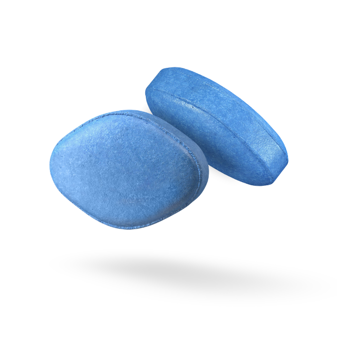 Two Generic Viagra® (Sildenafil) pills for erectile dysfunction (ED) treatment.