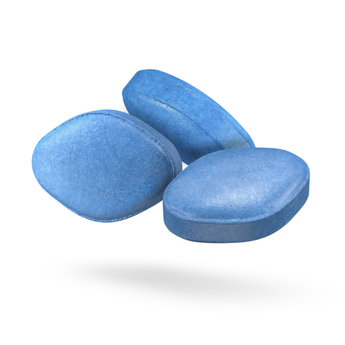 Three Generic Viagra® (Sildenafil) pills for erectile dysfunction (ED) treatment.