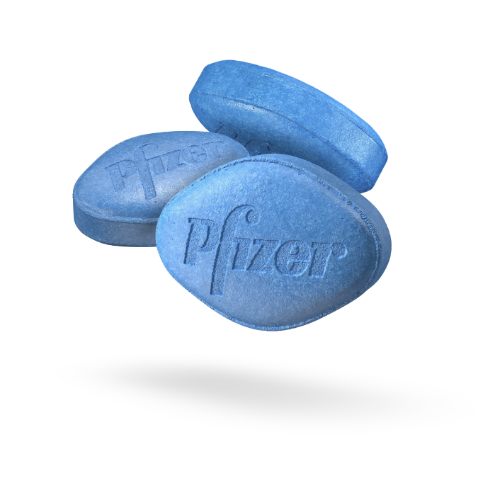 Three Pfizer Viagra® blue pills for erectile dysfunction (ED) treatment.